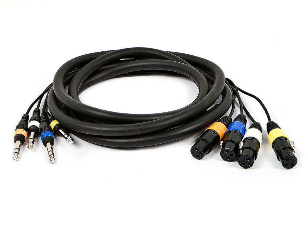 XLR and audio cables with various connectors for professional audio equipment