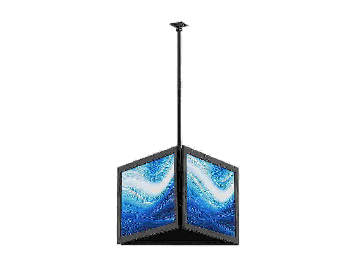 Ceiling-mounted double-sided bracket for 81-165 cm TVs, showcasing vibrant blue digital display.